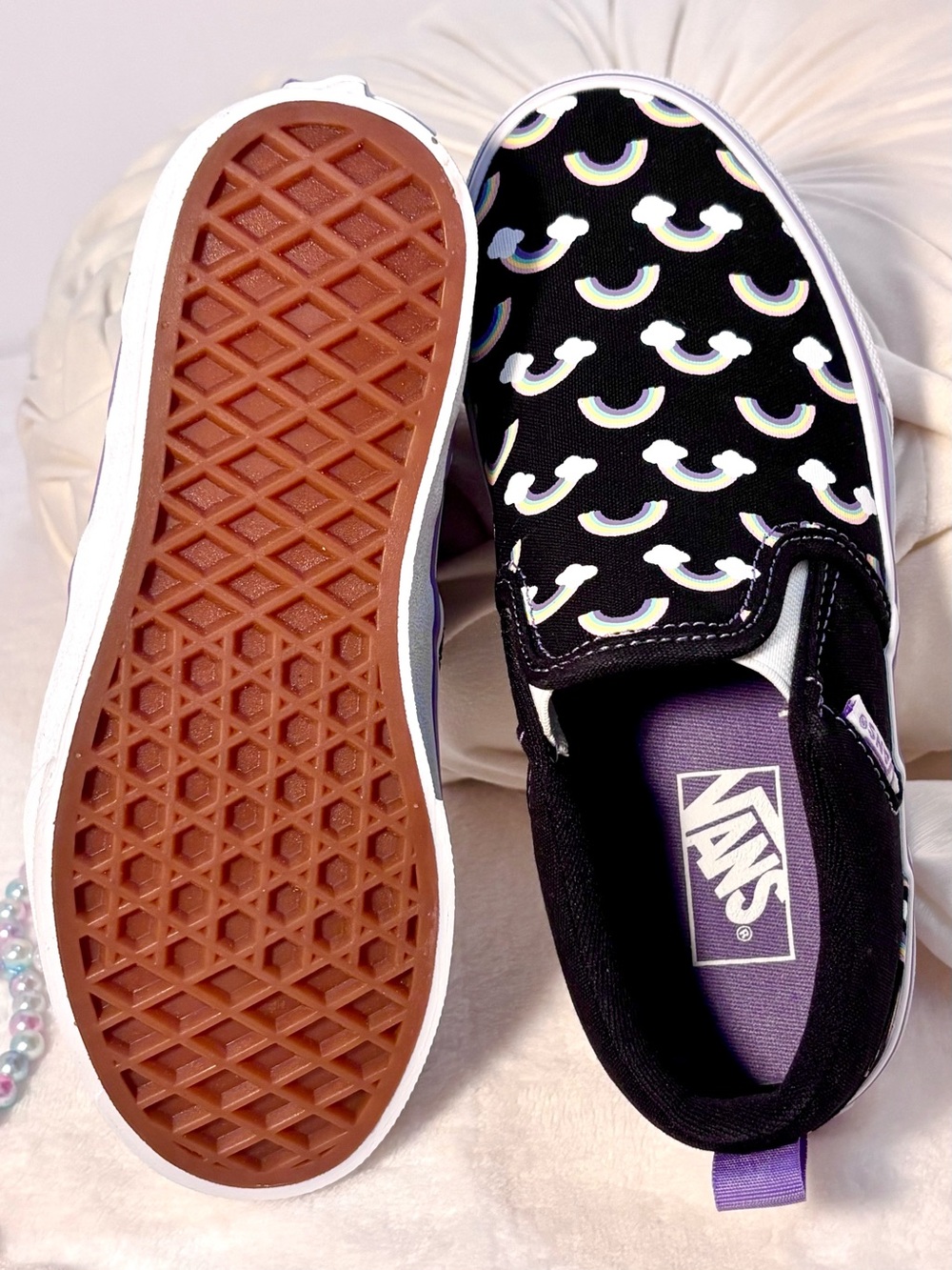 NWOT Vans Rainbow Cloud Slip‑Ons | Youth 1.0 | Lavender Trim - Picture 1 of 12